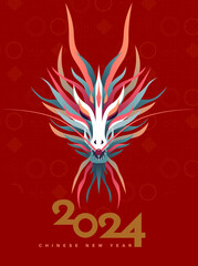 Vibrant Abstract gradient dragon head celebrating 2024 Chinese New Year on a background of traditional Chinese lucky symbols.