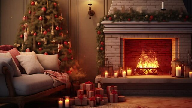 Christmas eve cozy mood in classic decorated living room with fire burning in fireplace, christmas tree, candles and gifts. Family rest. December holidays, winter, warm indoor. AI Generative	