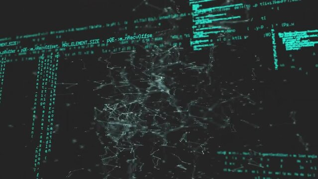 Animation of computer language and connected dots over black background