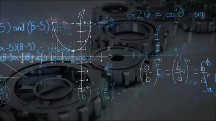 Animation of mathematical equations and diagrams over moving mechanical gears on table - Powered by Adobe