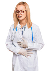 Beautiful caucasian woman wearing doctor uniform and stethoscope with hand on stomach because indigestion, painful illness feeling unwell. ache concept.