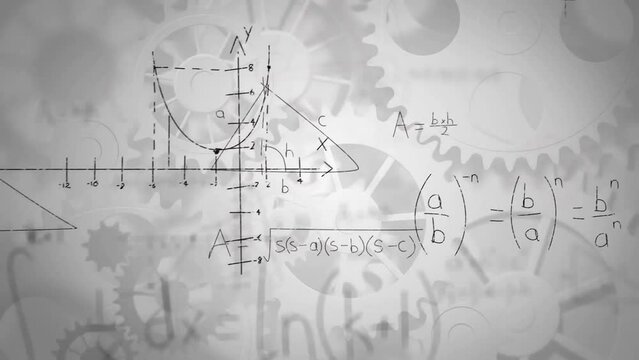 Animation of mathematical equation and diagrams with mechanicals gears over white background