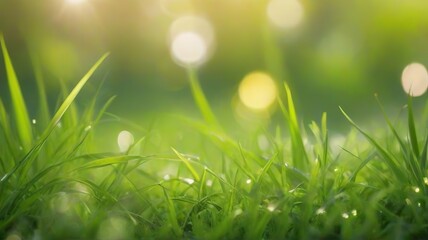 Springtime Serenity: Sunny Garden Bliss with Lush Green Grass and Foliage Bokeh. Generative AI.