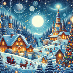 Christmas snow covered landscape with moon , starlit sky and christmas decorations