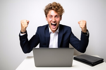 Happy office worker feeling excitement raising fists celebrates career promotion or reward