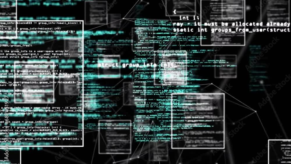 Poster animation of multiple squares, computer language and connected dots over black background
