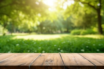 wooden table on grass background
