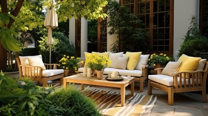 Fototapeta na wymiar Terrace Design Idea with Wooden Furniture Set Photography