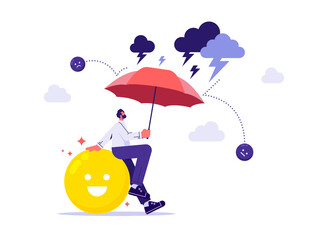Businessman holding umbrella and protecting positive emotion, motivation, keeping a good mood, mental health, optimism, psychology of positive thinking