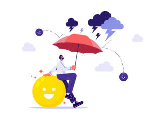 Businessman holding umbrella and protecting positive emotion, motivation, keeping a good mood, mental health, optimism, psychology of positive thinking