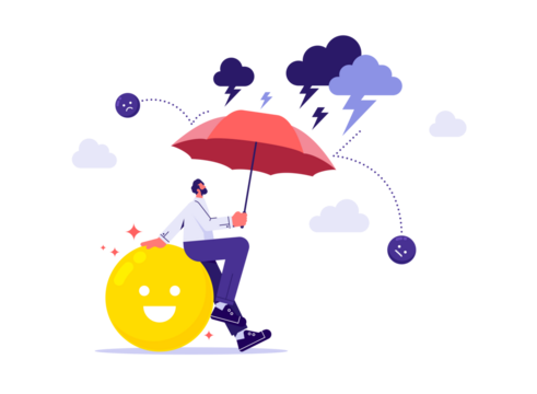 Businessman holding umbrella and protecting positive emotion, motivation, keeping a good mood, mental health, optimism, psychology of positive thinking