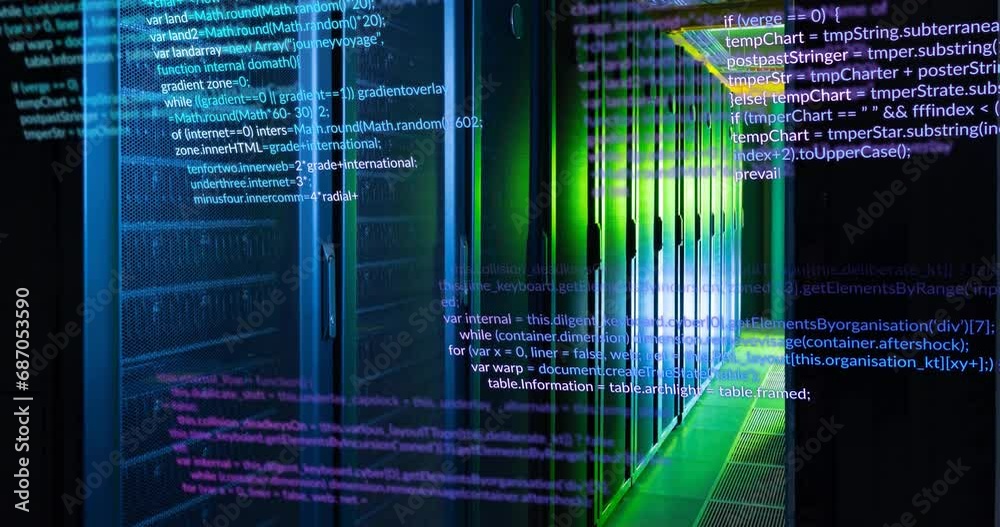 Poster animation of multicolored computer programming language over data server room