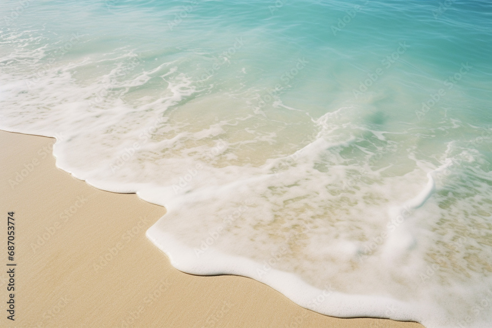 Poster abstract representation of a serene beach scene, with waves and soft sand.