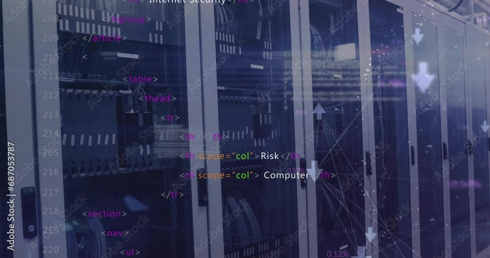Poster animation of connected arrows and computer language over data server racks in server room