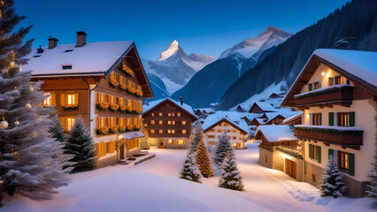 small village in the swiss alps in winter - obrazy, fototapety, plakaty