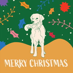 Trendy Christmas Vector. Hand drawn flat Christmas post, card for a friend. Holiday card with hand-drawn Christmas icons, dog illustration. Green, yellow, bright colors. One color Golden retriever.