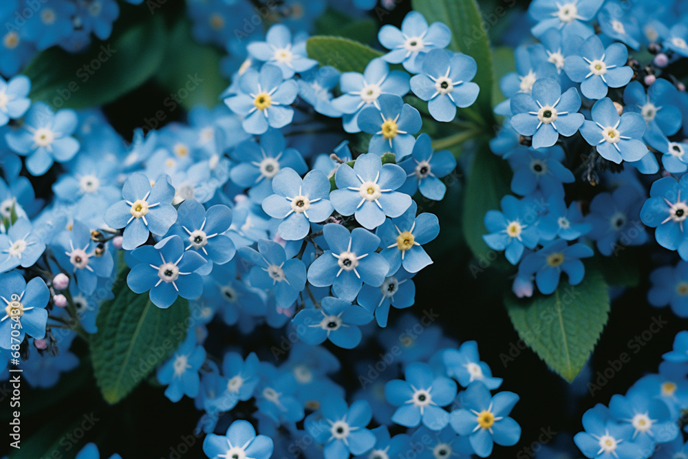 Aufkleber An intimate exploration of a forget-me-not flower in macro, with its tiny blossoms creating a sea of delicate blue against a green backdrop.
