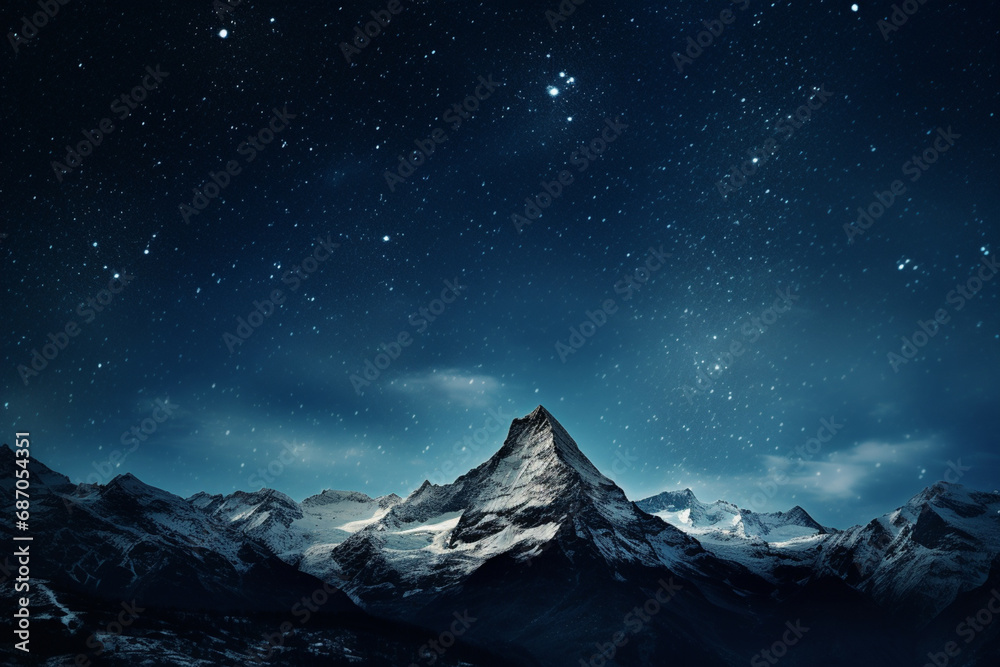 Poster a minimalistic graphic representation of mountain peaks under a starlit sky, emphasizing the tranqui