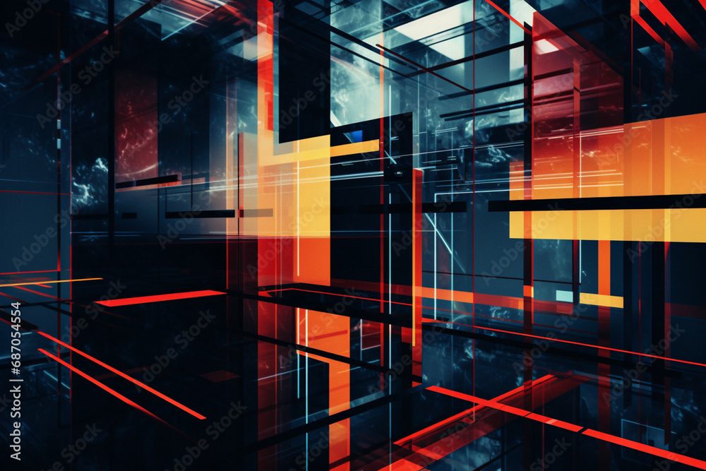 Fototapete An avant-garde abstract graphic composition, featuring intersecting lines, geometric shapes, and a harmonious blend of bold colors that create a visually striking and dynamic piece.
