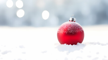 An elegant red Christmas bauble resting on a bed of fluffy white snow
