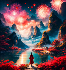 Watercolor style of Fireworks dancing over the beautiful Asian Valley in midnight