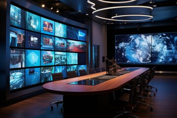 Photo of a modern conference room with interactive digital screens. Generative AI