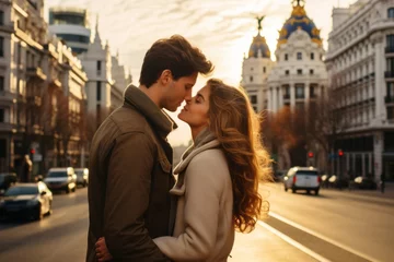 Fotobehang Romantic Couple Kissing on Busy City Street at Sunset © esp2k