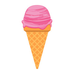 Delicious strawberry ice cream in a waffle cone.