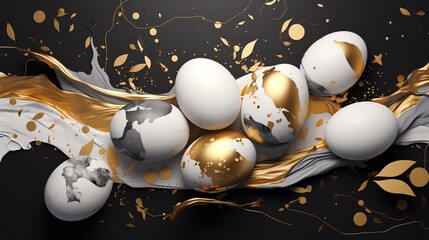 a group of eggs with gold and black paint