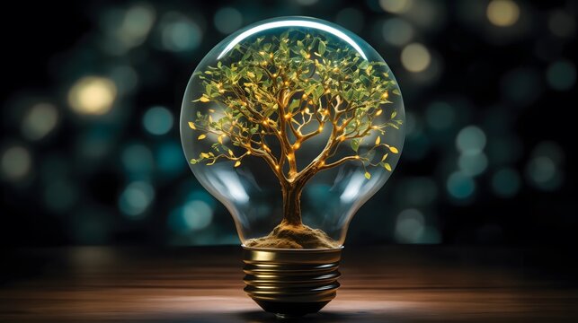 Blossoming Ideas: A Brilliant Light Bulb Housing a Tree of Growth and Creativity, Where Green Leaves Flourish and a Brown Trunk Symbolizes the Root of Innovation
