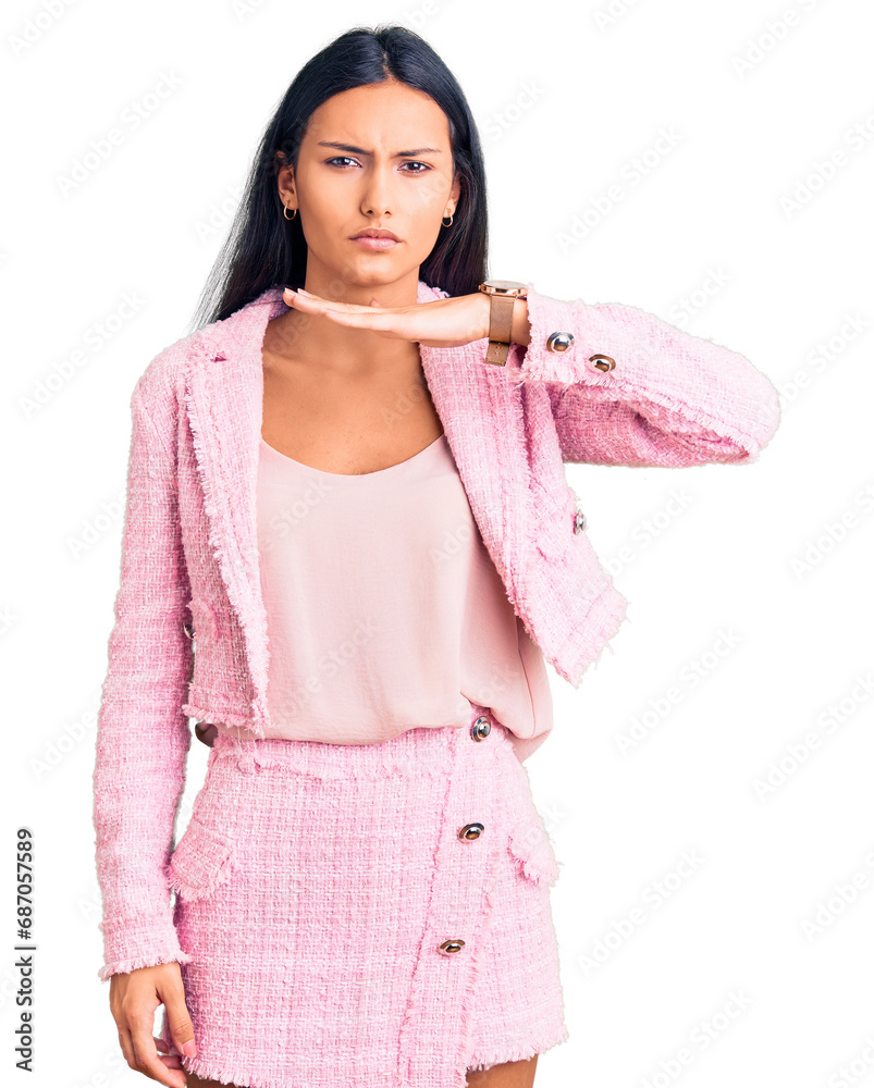 Sticker young beautiful latin girl wearing business clothes cutting throat with hand as knife, threaten aggr