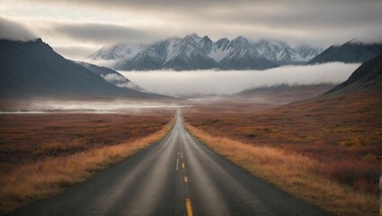 foggy stretch of road, Tombstone Territorial Park, Yukon Territory, Canada, fog in the mountains, fog on the road, road in fog, road in mountains, road to the mountains, sunrise in the mountains