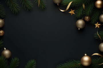 Fototapeta na wymiar Realistic 3d rendering, Top view of Pine branch Christmas Black background with Christmas balls and presents decoration.