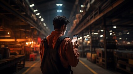 a man holding a phone in a warehouse