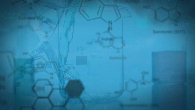Animation of molecule structures over chemical falling in laboratory flask against blue background