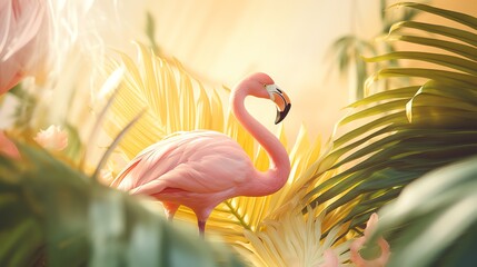a pink flamingo standing in a tropical setting