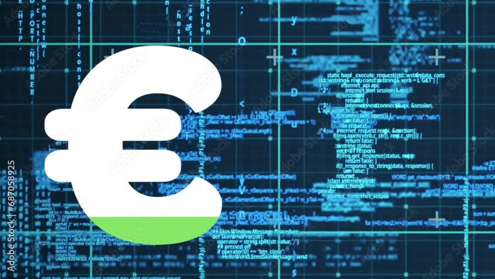 Poster animation of loading euro sign over computer programming language over black background