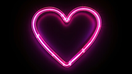 Heart shaped pink neon light on black with refection. Valentines Day