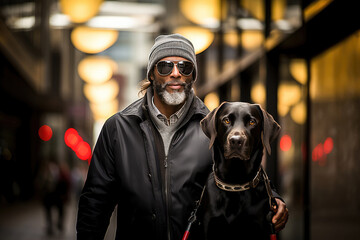 A stylish man and his loyal black Labrador dog standing together on a city street, showcasing their...