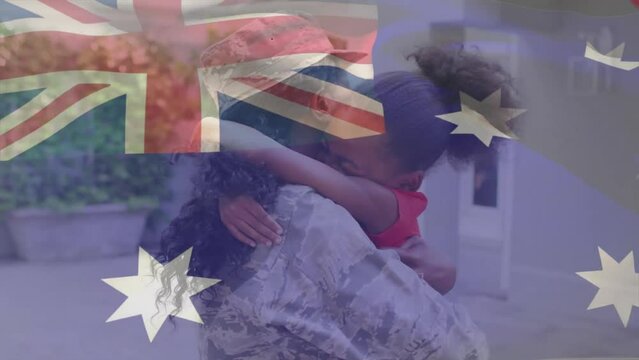 Animation of australian flag over diverse daughter hugging mother tightly after coming home