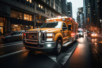 Fototapeta premium An ambulance with emergency lights driving through city streets at dusk, representing urgent medical assistance.
