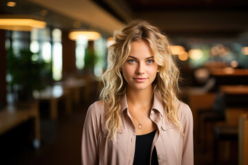 Portrait of a smiling young woman with blonde hair, looking confident and relaxed in a casual restaurant setting.