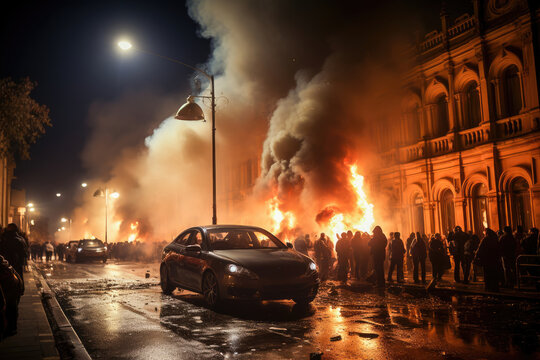 A dramatic scene of a car on fire during a riot at night, with a crowd of people and emergency response in a city street.
