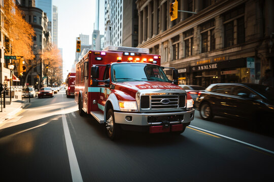 Red emergency ambulance rushing through a city street with lights flashing on a sunny day, depicting urgency and fast response.