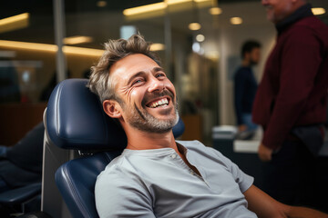 Obraz premium Image of a joyful man with a bright smile, laughing while sitting indoors, emanating a feeling of happiness and confidence.
