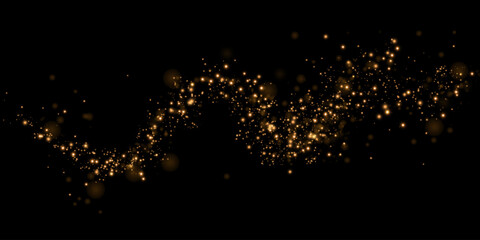 Dust sparks and golden stars shine with special light. Vector sparks on black background. Christmas light effect. Sparkling magic dust particles.	