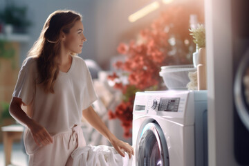 Young woman taking laundry out of washing machine at home.generative ai - obrazy, fototapety, plakaty