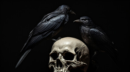 Fototapeta premium A black bird sitting on top of a skull