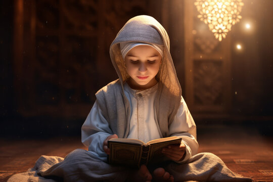kid muslim reading quran in the mosque.generative ai