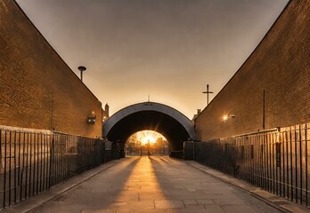 Golden Hour Gateway: Greenwich Foot Tunnel under Sunset Radiance - obrazy, fototapety, plakaty